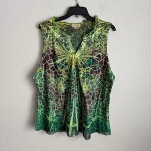 One World Green Print Ruffled Beaded V-Neck Sleeveless Top Whispering Womens 2X